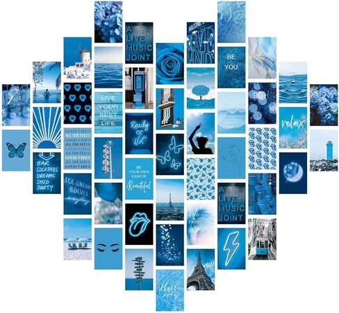 مجموعة ملصقات حائط زرقاء صور جمالية، ملصقات فنية جدارية لغرفة الفتيات المراهقات أو ديكور غرفة النوم، ملصقات صور بوهو، ديكور جداري جمالي، 50 مجموعة 4x6 بوصة (أزرق) in Kuwait