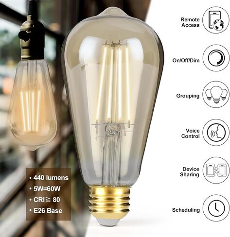 Smart LED Filament Bulb, Smart Light Bulbs Bluetooth and WiFi Vintage Filament Light Bulb Work with Alexa & Google Home, ST19 Smart Edison Bulb 2100k 60 Watt Equivalent, No Hub Required, 4 Pack in Saudi Arabia
