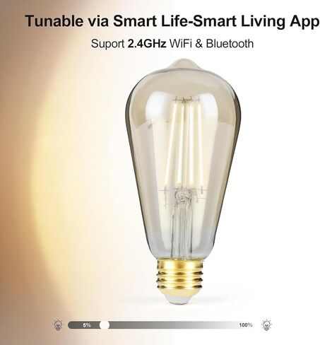 Smart LED Filament Bulb, Smart Light Bulbs Bluetooth and WiFi Vintage Filament Light Bulb Work with Alexa & Google Home, ST19 Smart Edison Bulb 2100k 60 Watt Equivalent, No Hub Required, 4 Pack in Saudi Arabia