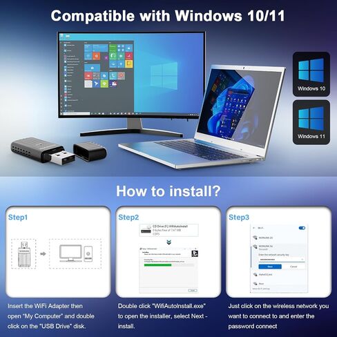 محول واي فاي USB من WONLILNK للكمبيوتر الشخصي، جهاز إرسال واستقبال شبكة لاسلكية ثنائي النطاق 2.4G/5G بسرعة 650 ميجابت في الثانية واي فاي دونجل لأجهزة الكمبيوتر المحمول المكتبية، حجم السفر، يدعم Windows XP/7/8/8.1/10/11 in Saudi Arabia