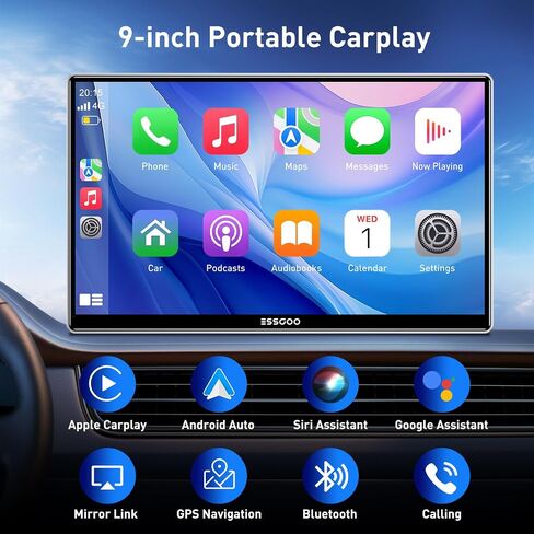 A-pple Carplay & Android Auto, 9 Inches Carplay Screen for Car with Light-Sensitive, Siri & G-oogle Assistant Voice Control, Mirror Link, Bluetooth,Suitable for Various Models in Saudi Arabia