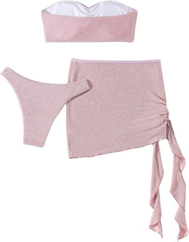 MakeMeChic Women's 3 Piece Swimsuit 3D Flower Sleeveless Bandeau Wireless Cheeky Bikini Sets with Swim Skirt in Saudi Arabia