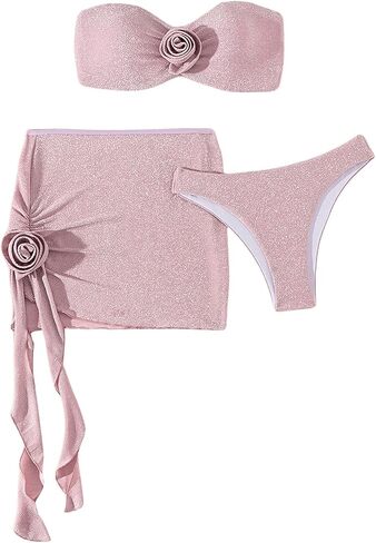 MakeMeChic Women's 3 Piece Swimsuit 3D Flower Sleeveless Bandeau Wireless Cheeky Bikini Sets with Swim Skirt in Saudi Arabia