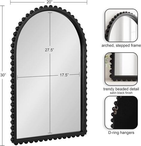 Kate and Laurel Beadbrook Modern Beaded Arched Mirror, 20 x 30, Black, Transitional Arch Wall Mirror for Use as Bathroom Mirror or Entryway Mirror Decor in Saudi Arabia