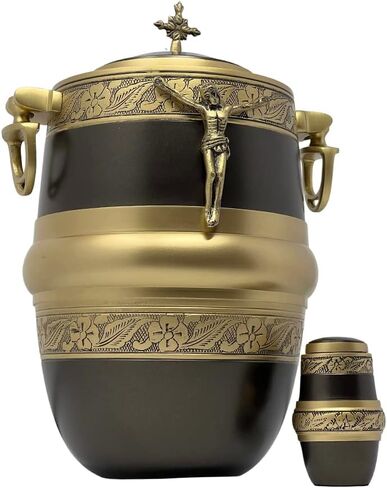 الجرار الكاثوليكية لحرق الجنازة للرماد البشري مع صليب الجمال وشخصية يسوع المسيح، حجم كبير للبالغين يصل وزنهم إلى 200 رطل، ذكر أو أنثى، مجموعة بنية مكونة من قطعتين in Kuwait