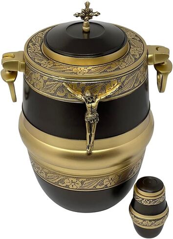 الجرار الكاثوليكية لحرق الجنازة للرماد البشري مع صليب الجمال وشخصية يسوع المسيح، حجم كبير للبالغين يصل وزنهم إلى 200 رطل، ذكر أو أنثى، مجموعة بنية مكونة من قطعتين in Kuwait