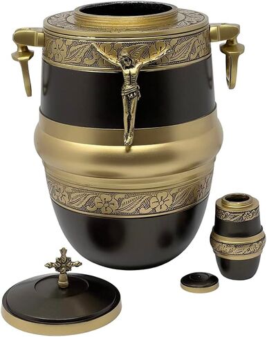 الجرار الكاثوليكية لحرق الجنازة للرماد البشري مع صليب الجمال وشخصية يسوع المسيح، حجم كبير للبالغين يصل وزنهم إلى 200 رطل، ذكر أو أنثى، مجموعة بنية مكونة من قطعتين in Kuwait