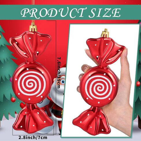 Aoriher 2 Pcs 7.6" Large Christmas Candy Ornaments Hanging Glitter Candy Cane Ornaments Large Christmas Tree Candy Peppermint Ornaments with Golden Ropes for Xmas Party Home Decorations(Red) in Saudi Arabia