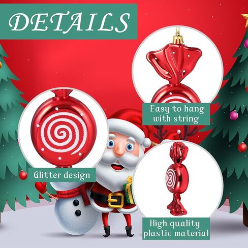 Aoriher 2 Pcs 7.6" Large Christmas Candy Ornaments Hanging Glitter Candy Cane Ornaments Large Christmas Tree Candy Peppermint Ornaments with Golden Ropes for Xmas Party Home Decorations(Red) in Saudi Arabia