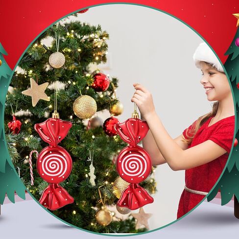 Aoriher 2 Pcs 7.6" Large Christmas Candy Ornaments Hanging Glitter Candy Cane Ornaments Large Christmas Tree Candy Peppermint Ornaments with Golden Ropes for Xmas Party Home Decorations(Red) in Saudi Arabia