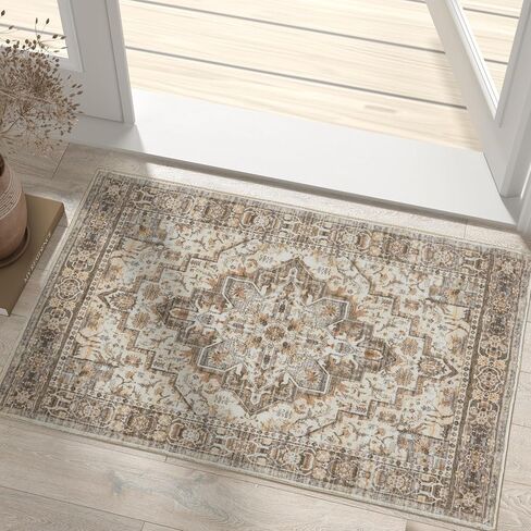 jinchan Area Rug 2x3 Vintage Entryway Rug Washable Boho Indoor Doormat Floral Small Rug Non Slip Retro Accent Soft Rug Tribal Distressed Carpet for Kitchen Bathroom Bedroom Taupe in Saudi Arabia