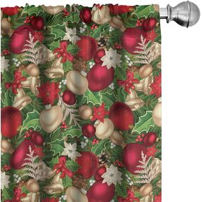 Ambesonne Christmas Curtains, Tree Branches Spruce Leaves Balls Bells Cones Poinsettia Flowers Mistletoe Berry, Window Treatments 2 Panel Set for Living Room Bedroom, Pair of - 28" x 84", Ruby Green