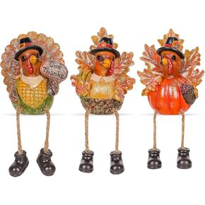 AnyDesign 3Pcs Thanksgiving Turkey Resin Decor Fall Turkey Maple Leaf with Dangling Legs Tabletop Centerpiece Indoor Home Decor for Mantle Table Kitchen Tiered Tray Decor Thanksgiving Gift Party