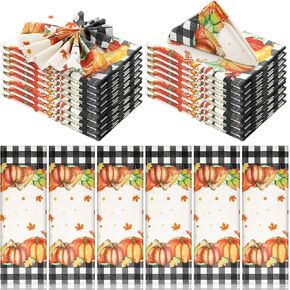 Nuogo 12 Pcs Buffalo Plaid Pumpkins Cloth Napkin 15 x 15 Inch Fall Dinner Napkin Cloth Thanksgiving Autumn Party Decorations Vintage Leaves Sunflowers Reusable Soft Napkin for Holiday Party