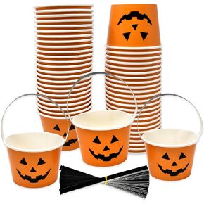 Gift Boutique 50 Pcs Halloween Treat Snack Cups 10 oz with Handle Jack O Lantern Disposable Paper Cup Dessert Bowl Pumpkin Face Holiday Party Supplies