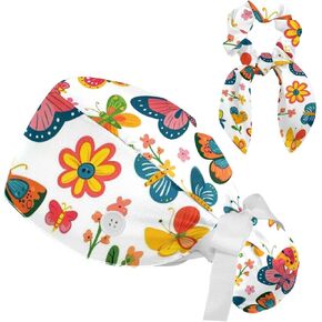 Cartoon Garden Butterfly Working Cap with Scrunchie, Adjustable Scrub Caps Surgical Hats with Buttons for Women Multicoloured