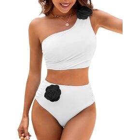 Women One Shoulder Swimsuits High Waisted Tummy Control Bikini Sets 2 Piece High Cut Cheeky Bathing Suit 3D Flower