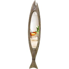 K KILIPES Rustic Wood Fish Mirror Decorative Hanging Mirror Wall Decor for Living Room Bathroom Bedroom Vintage Nautical Ocean Beach Home Mirror