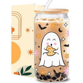 Halloween Ghost Iced Coffee Glass Cups, 16oz Cute Floral Ghost Glass Cups with Lids and Straws, Halloween Gifts, Cute Spooky Gifts for Her, Spooky Halloween Tumbler Mug for Women Girls Kids