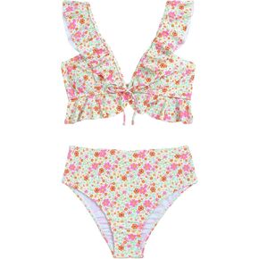 WDIRARA Women's 2 Pieces Swimsuits Floral Printed Ruffle Trim Tie Front Sleeveless Tops and Panty Bikini Sets