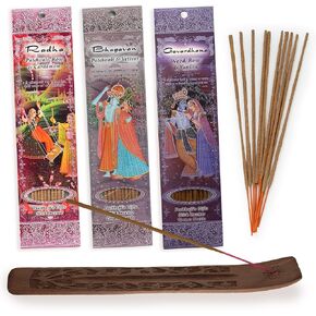 Prabhuji's Gifts Radha, Bhagavan, Govardhana Hand-Rolled Spiritual Incense Sticks - Aromatic Sticks - for Meditation, Yoga, Relaxation, & Aromatherapy Incense - 3 Packs of 10 Sticks with Wooden Burner