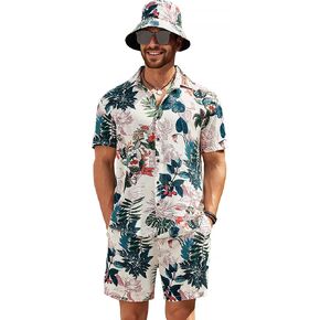 COOFANDY Men's Hawaiian Shirt and Short Set Flower 2-pieces Beach Outfit with Bucket Hats