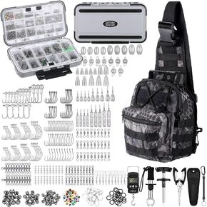 397 Pcs Fishing Accessories Kit Include Fishing Backpack Fishing Tackle Box with Fishing Hooks Fishing Weights Sinkers Spinner Blade Fishing Gear for Outdoor
