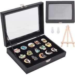 INFUNLY Small Pin Display Case 8x6 Pin Collection Shadow Box Brooch Pin Organizer Portable Enamel Pin Display Holder with Clear Cover Hooks Wood Frame for Medal Rings Necklaces Pin Badge Collection