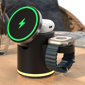 3 in 1 Wireless Charging Station for Multiple Devices Apple,MagSafe Charger Stand with Warm Night Light Compatible with IPhone 15 14 13 12 13 12 Pro/Plus/Max/X/XS,IWatch 9 8 7 SE 6/Ultra,AirPods Pro