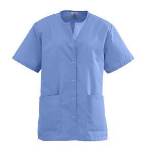 Medline AngelStat Women's Snap-Front Jewel-Neckline Scrub Top, 2 Pockets, Ciel Blue, Size X-Large