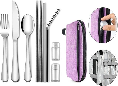 Travel Utensils Set with Splash-poof Bag, Portable Cutlery for Work, Reusable Camping Silverware Utensil, 18/0 Stainless Steel Flatware for Adult Lunch Picnic Hiking EDC Gadgets Lunch Box in Saudi Arabia