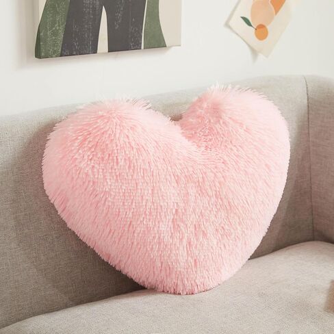 XeGe Cute Double-Sided Faux Fur Heart Pillow, Plush Shaggy Decorative Throw Pillow, 15"x17" Cozy Fluffy Heart Shaped Pillow with Insert, Furry Accent Pillow for Girls/Women/Kids/Children Gift, Pink in Saudi Arabia