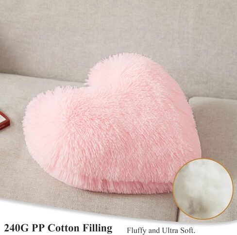 XeGe Cute Double-Sided Faux Fur Heart Pillow, Plush Shaggy Decorative Throw Pillow, 15"x17" Cozy Fluffy Heart Shaped Pillow with Insert, Furry Accent Pillow for Girls/Women/Kids/Children Gift, Pink in Saudi Arabia