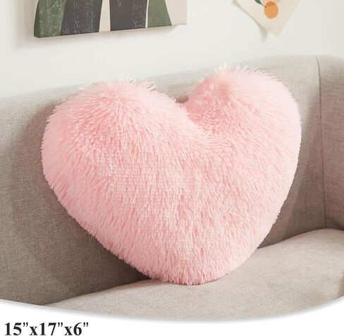 XeGe Cute Double-Sided Faux Fur Heart Pillow, Plush Shaggy Decorative Throw Pillow, 15"x17" Cozy Fluffy Heart Shaped Pillow with Insert, Furry Accent Pillow for Girls/Women/Kids/Children Gift, Pink in Saudi Arabia