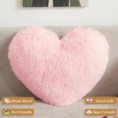 XeGe Cute Double-Sided Faux Fur Heart Pillow, Plush Shaggy Decorative Throw Pillow, 15"x17" Cozy Fluffy Heart Shaped Pillow with Insert, Furry Accent Pillow for Girls/Women/Kids/Children Gift, Pink in Saudi Arabia
