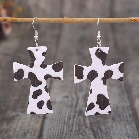 Large Cross Dangle Earrings Wave Point Leather Earrings Vintage Religious Jewelry Gifts for Women in Kuwait