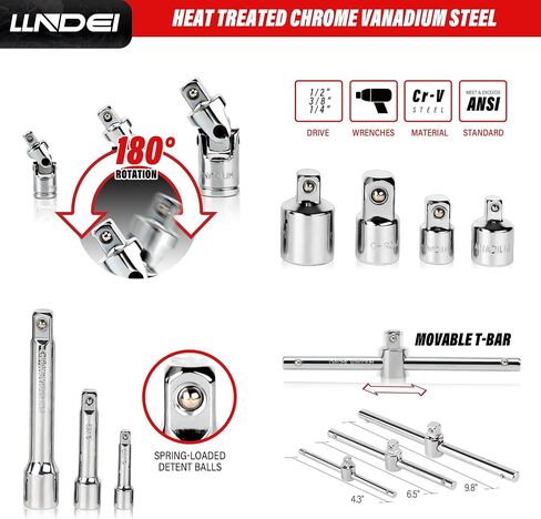 LLNDEI 19PCS Drive Tool Accessory Set Includes Socket Adapters, Socket Extension Bar, Swivel Universal Joints, Impact Coupler, Sliding Bar T-handle Wrench, Socket Accessories(1/4", 3/8" & 1/2" Drive) in Saudi Arabia