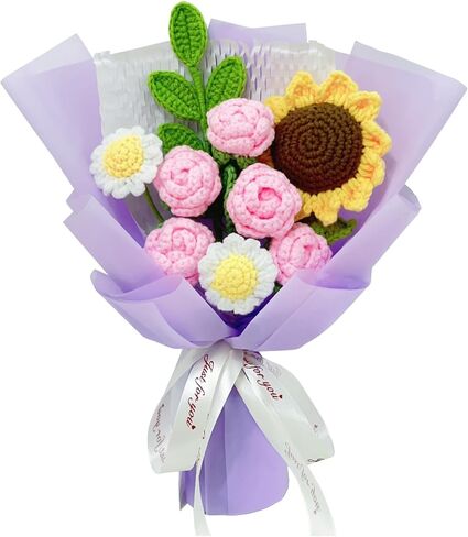 باقة زهور الكروشيه لعيد الأم وعيد الحب والذكرى السنوية وعيد الميلاد، مصنوعة يدويًا من زهور الكروشيه الوردية وعباد الشمس وزهرة الأقحوان، هدية لها in Kuwait