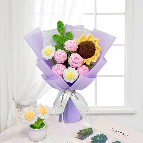 باقة زهور الكروشيه لعيد الأم وعيد الحب والذكرى السنوية وعيد الميلاد، مصنوعة يدويًا من زهور الكروشيه الوردية وعباد الشمس وزهرة الأقحوان، هدية لها in Kuwait