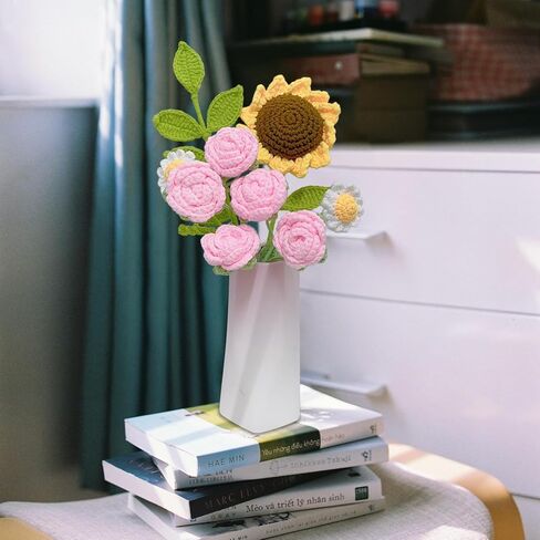 باقة زهور الكروشيه لعيد الأم وعيد الحب والذكرى السنوية وعيد الميلاد، مصنوعة يدويًا من زهور الكروشيه الوردية وعباد الشمس وزهرة الأقحوان، هدية لها in Kuwait