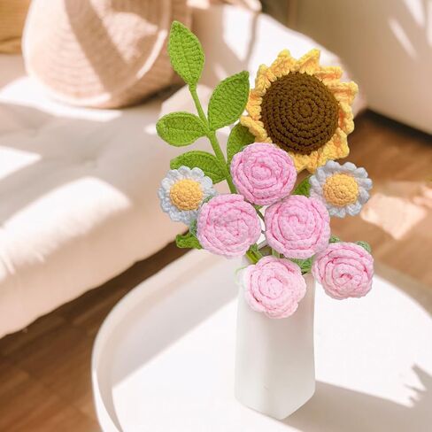 باقة زهور الكروشيه لعيد الأم وعيد الحب والذكرى السنوية وعيد الميلاد، مصنوعة يدويًا من زهور الكروشيه الوردية وعباد الشمس وزهرة الأقحوان، هدية لها in Kuwait