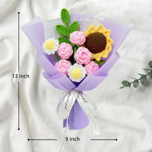 باقة زهور الكروشيه لعيد الأم وعيد الحب والذكرى السنوية وعيد الميلاد، مصنوعة يدويًا من زهور الكروشيه الوردية وعباد الشمس وزهرة الأقحوان، هدية لها in Kuwait