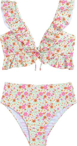 WDIRARA Women's 2 Pieces Swimsuits Floral Printed Ruffle Trim Tie Front Sleeveless Tops and Panty Bikini Sets in Saudi Arabia