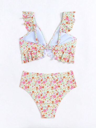 WDIRARA Women's 2 Pieces Swimsuits Floral Printed Ruffle Trim Tie Front Sleeveless Tops and Panty Bikini Sets in Saudi Arabia