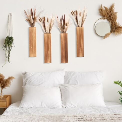 4 عبوات من مزارعي الحوائط الخشبية مع 65 قطعة من عشب بامباس المجفف وديكور الحائط الخشبي مزهرية حائط خشبية مع نباتات زهور مجففة وحوامل نباتات خشبية وجيب معلق لغرفة المعيشة وغرفة النوم والحمام in Kuwait