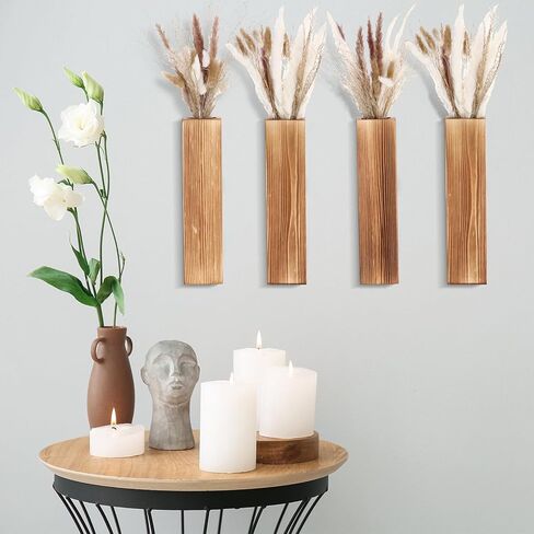 4 عبوات من مزارعي الحوائط الخشبية مع 65 قطعة من عشب بامباس المجفف وديكور الحائط الخشبي مزهرية حائط خشبية مع نباتات زهور مجففة وحوامل نباتات خشبية وجيب معلق لغرفة المعيشة وغرفة النوم والحمام in Kuwait