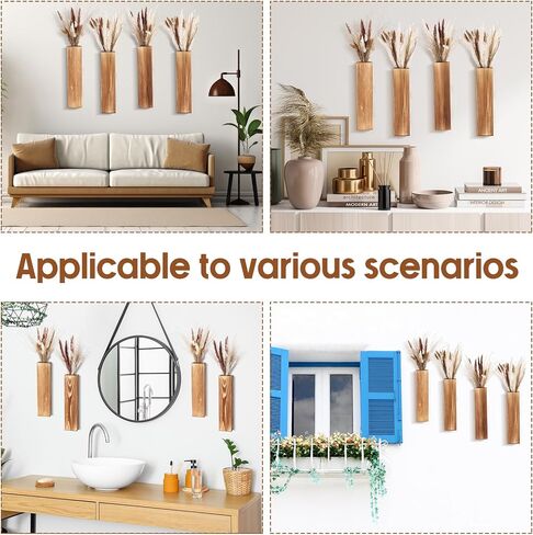 4 عبوات من مزارعي الحوائط الخشبية مع 65 قطعة من عشب بامباس المجفف وديكور الحائط الخشبي مزهرية حائط خشبية مع نباتات زهور مجففة وحوامل نباتات خشبية وجيب معلق لغرفة المعيشة وغرفة النوم والحمام in Kuwait