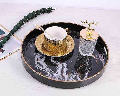 Zosenley Round Decorative Tray, Marbling Plastic Tray with Handles, Modern Vanity Tray and Serving Tray for Ottoman, Coffee Table, Kitchen and Bathroom, Size 13" (Moroccan) in Kuwait