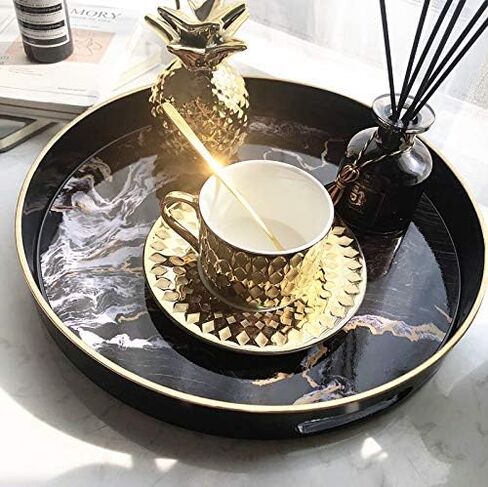 Zosenley Round Decorative Tray, Marbling Plastic Tray with Handles, Modern Vanity Tray and Serving Tray for Ottoman, Coffee Table, Kitchen and Bathroom, Size 13" (Moroccan) in Kuwait
