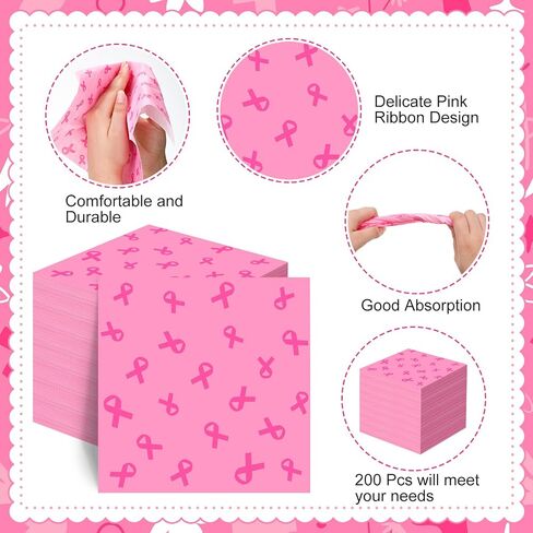 TaoBary 200 Pack Breast Cancer Awareness Decorations Paper Napkins Pink Ribbon Disposable Party Napkin for Breast Cancer Survivor Tableware Decorations Party Supplies(Pink) in Saudi Arabia